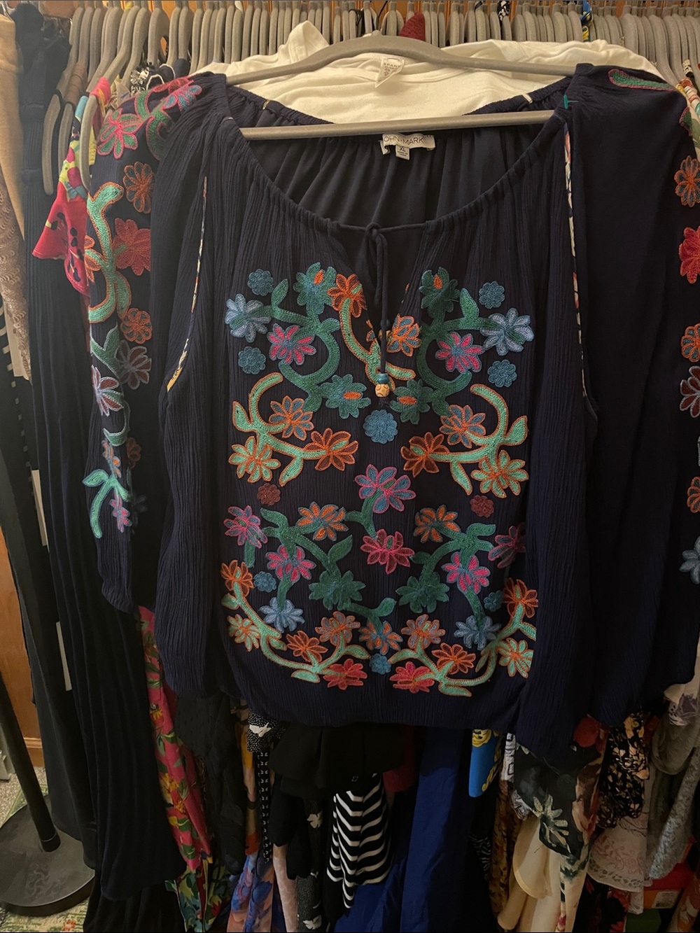 John Mark Navy Bohemian Floral Embroidered Peasant Blouse